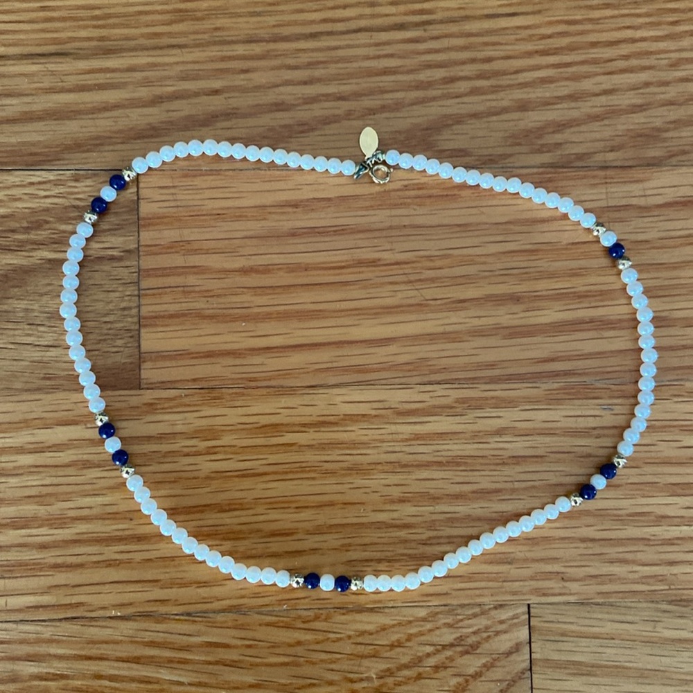 Avon Faux Pearl 17in Blue and Gold Spacer Necklace